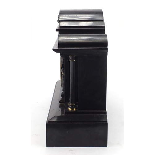2165 - Victorian black slate marble mantel clock with architectural columns, the enamelled dial with Arabic... 