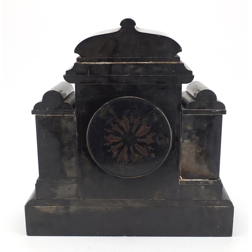 2281 - Victorian black slate marble mantel clock with architectural columns, enamelled chapter ring an Arab... 