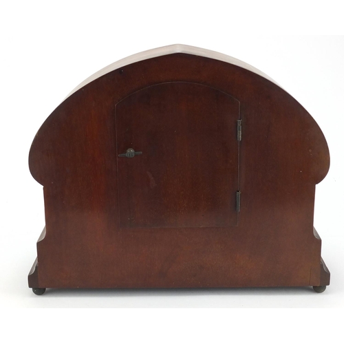 2314 - Art Nouveau inlaid mahogany chiming mantel clock, the dial with Arabic numerals, 29cm high