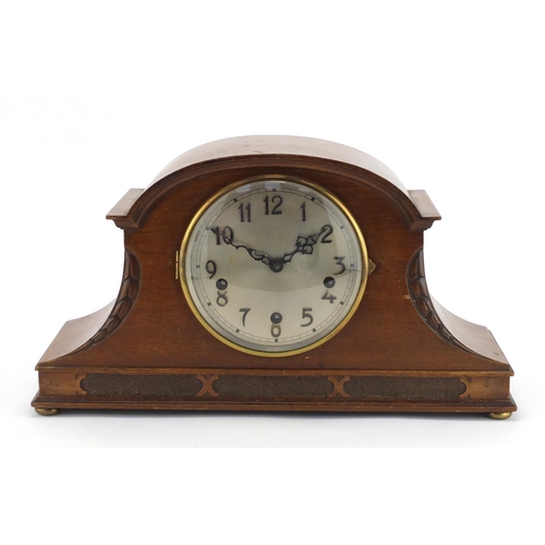 2319 - Oak Westminster chiming mantel clock, with Arabic numerals, 24cm high