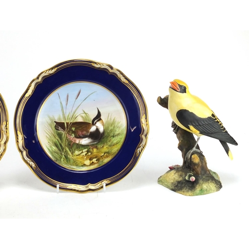 2113 - Three Spode hand painted game bird plates and a Royal Crown Derby Golden Oriole, each plate 23.5cm i... 