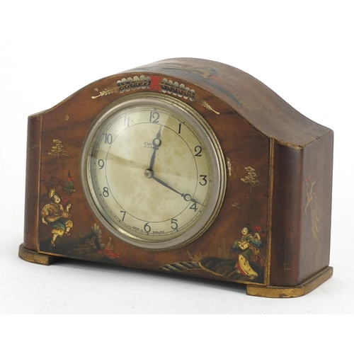 2142 - 1920's Japanned mantel clock with Smiths eight day movement, gilded in the Chinoisiere manner, 13cm ... 
