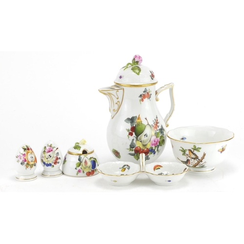 2141 - Hungarian porcelain by Herend including a coffee pot and three piece cruet, hand painted with fruit,... 