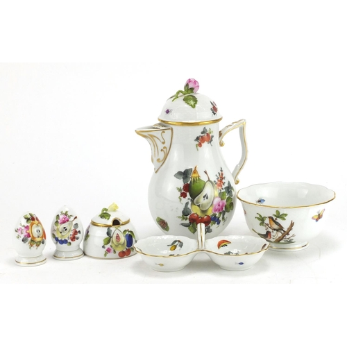 2141 - Hungarian porcelain by Herend including a coffee pot and three piece cruet, hand painted with fruit,... 