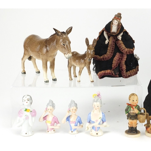 2411 - Collectable china including half pin dolls, Goebel figures and two Beswick donkeys, the largest 35cm... 