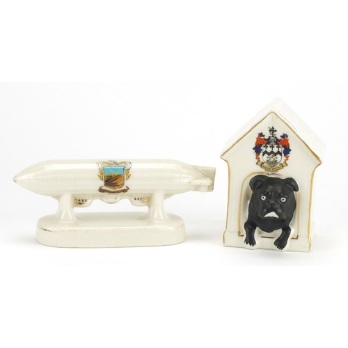 2125 - Two pieces of crested china comprising Shelley china black watch cat and a Blimp, the largest 9.5cm ... 