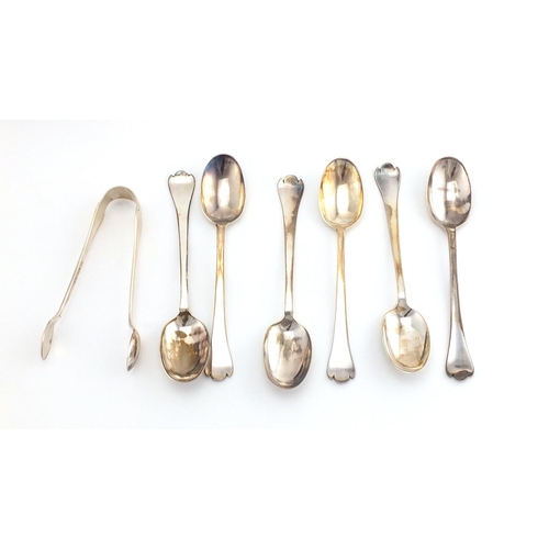 2588 - Set of six Arts & Crafts silver teaspoons and sugar tongs, by Isaac Ellis & Sons Sheffield 1908, hou... 