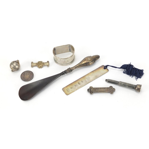 2605 - *WITHDRAWN*Silver objects including a book mark, cigar pricker, napkin ring and brooch, various mark... 