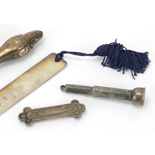 2605 - *WITHDRAWN*Silver objects including a book mark, cigar pricker, napkin ring and brooch, various mark... 