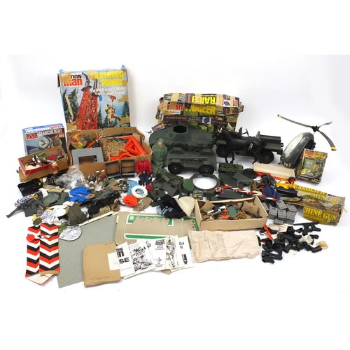 2282 - Vintage Action Men by Palitoy, some boxed including field radio pack, search light, machine gun empl... 