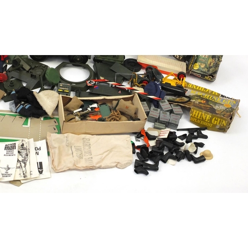 2282 - Vintage Action Men by Palitoy, some boxed including field radio pack, search light, machine gun empl... 