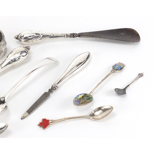 2610 - *WITHDRAWN* Silver objects including a Victorian bangle engraved with birds, spoons, napkin ring and... 