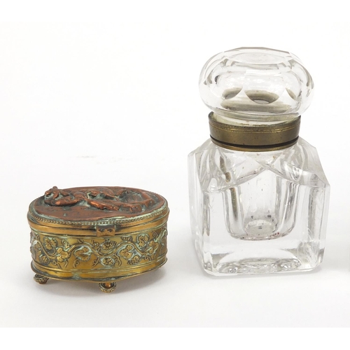 2508 - *WITHDRAWN*Pair of square glass inkwells, together with Gothic design brass casket and one other