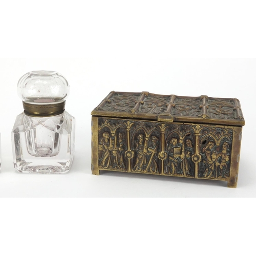 2508 - *WITHDRAWN*Pair of square glass inkwells, together with Gothic design brass casket and one other
