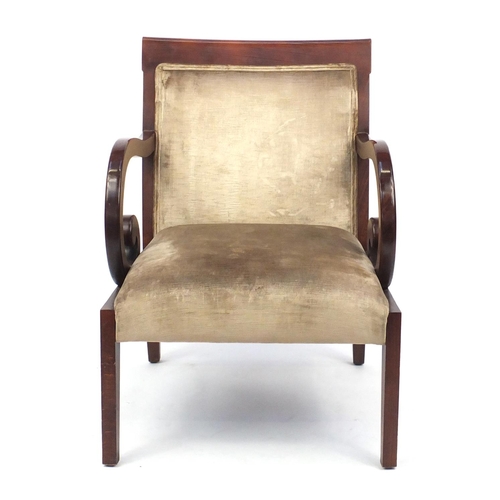 2007 - Regency style mahogany framed open armchair with scrolled arms, 86.5cm high