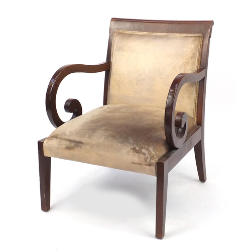 2008 - Regency style mahogany framed open armchair with scrolled arms, 86.5cm high