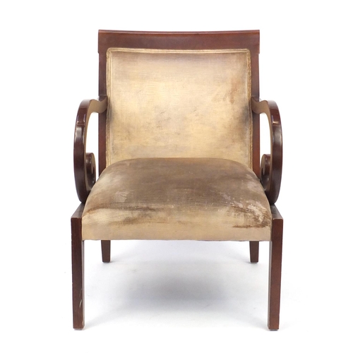 2008 - Regency style mahogany framed open armchair with scrolled arms, 86.5cm high