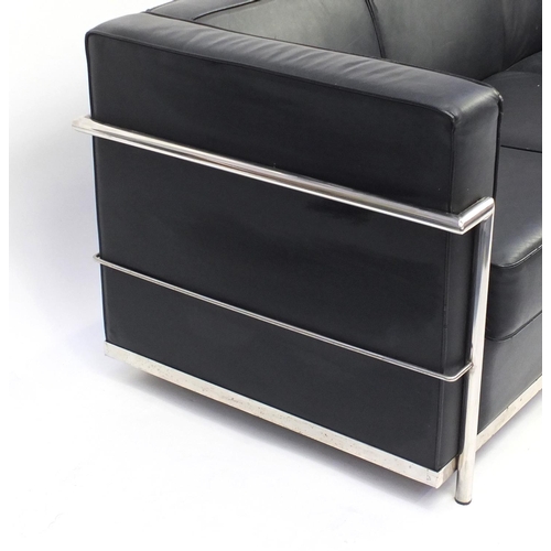 2015 - Le Corbusier design three seater chrome and black leather settee, 66.5cm H x 180cm W x 73cm D