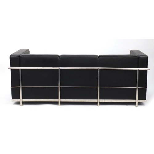 2015 - Le Corbusier design three seater chrome and black leather settee, 66.5cm H x 180cm W x 73cm D