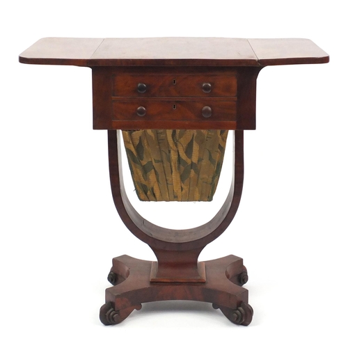 2025 - Early Victorian mahogany work table, fitted with two drawers and sliding bag, raised on kurnl feet, ... 