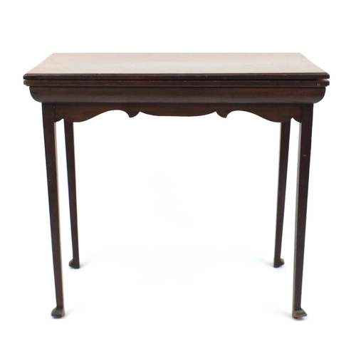 2042 - Edwardian mahogany fold over card table with baize lined interior on square tapering legs, 76cm H x ... 