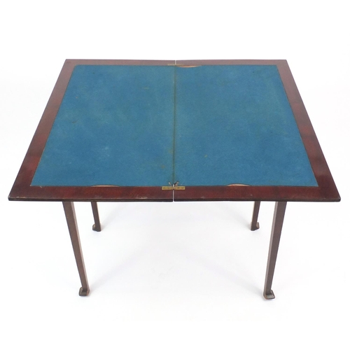 2042 - Edwardian mahogany fold over card table with baize lined interior on square tapering legs, 76cm H x ... 