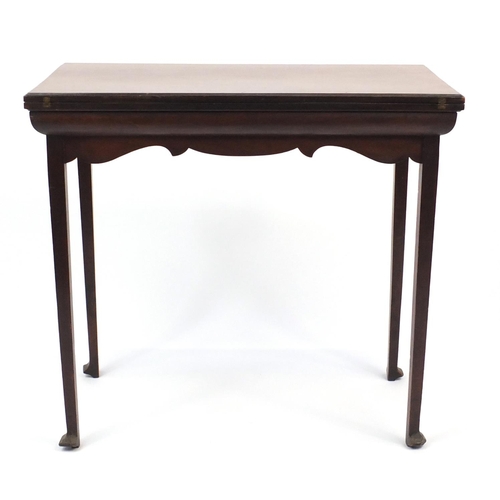 2042 - Edwardian mahogany fold over card table with baize lined interior on square tapering legs, 76cm H x ... 
