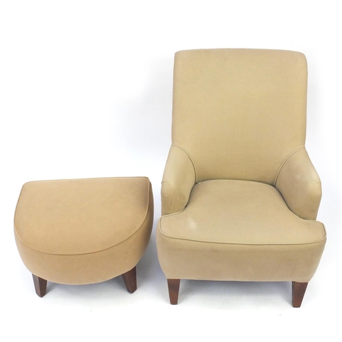 2055 - Contemporary beige high back open armchair with stool on square tapering legs, 103cm high