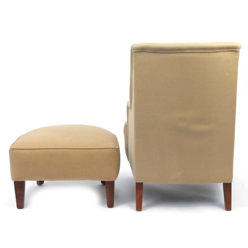 2055 - Contemporary beige high back open armchair with stool on square tapering legs, 103cm high