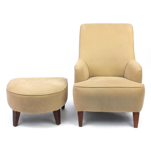 2056 - Contemporary beige high back open armchair with stool on square tapering legs, 103cm high