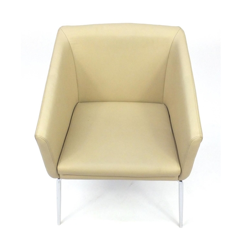 2063 - Contemporary beige leather and chrome square tub chair, 80cm high