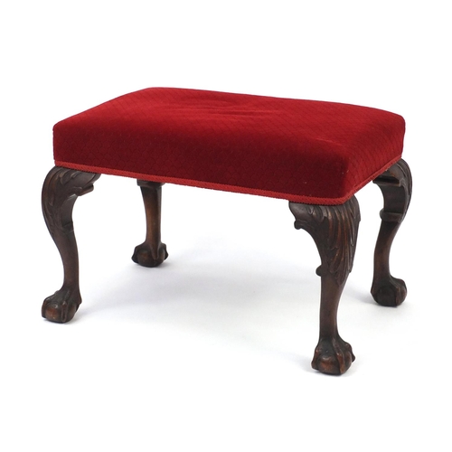 2064 - Victorian mahogany stool with carved ball and claw feet, 45cm H x 66cm W x 46cm D