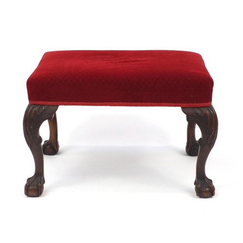 2064 - Victorian mahogany stool with carved ball and claw feet, 45cm H x 66cm W x 46cm D