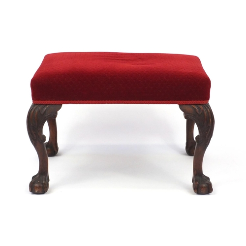 2064 - Victorian mahogany stool with carved ball and claw feet, 45cm H x 66cm W x 46cm D