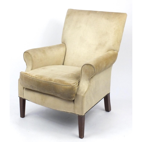 2070 - Beige suede upholstered open armchair on square legs, 97cm high