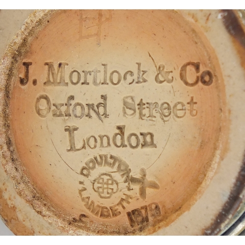 2405 - Doulton Lambeth commemorative VR jug, impressed J Mortlock & Co of Oxford Street London, 13.5cm high