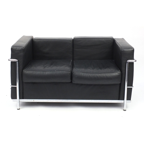 2016 - Le Corbusier design two seater chrome and black leather settee, 67cm H x 130cm W x 69cm D