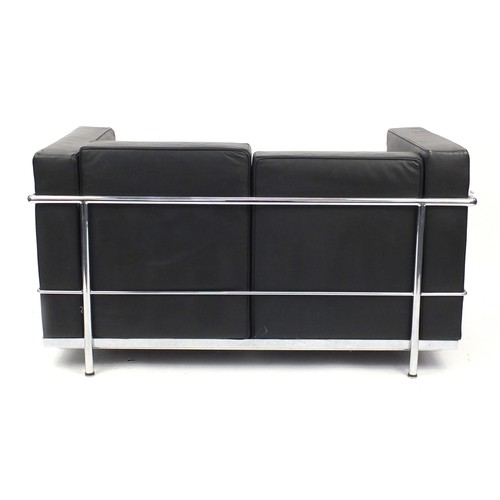 2016 - Le Corbusier design two seater chrome and black leather settee, 67cm H x 130cm W x 69cm D