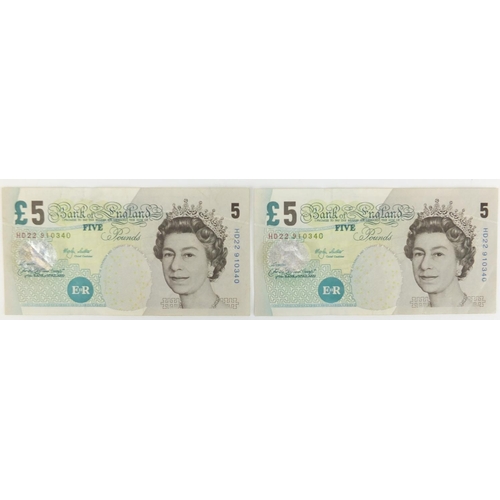 2577 - Rare pair of Elizabeth II misprinted five pound notes, both with serial number HD22910340