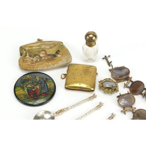 2526 - Antique and later objects including a brass vesta inset with turquoise, four silver spoons, bone umb... 