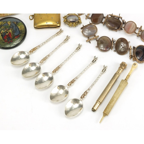 2526 - Antique and later objects including a brass vesta inset with turquoise, four silver spoons, bone umb... 