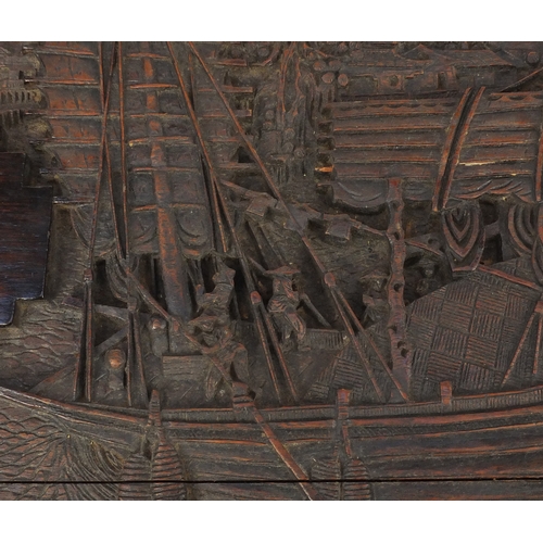 2054 - Chinese hardwood folding card table with carved with figures on a boat, 78cm H x 91cm W x 45.5cm D (... 