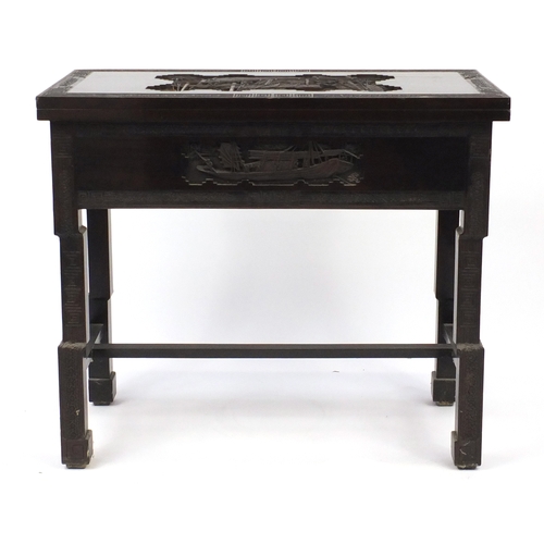 2054 - Chinese hardwood folding card table with carved with figures on a boat, 78cm H x 91cm W x 45.5cm D (... 