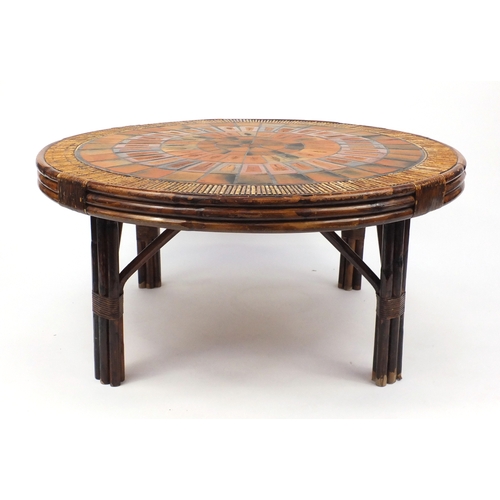2044 - Roger Capron Vallauris tile topped bamboo table, 51.5cm high x 110cm in diameter