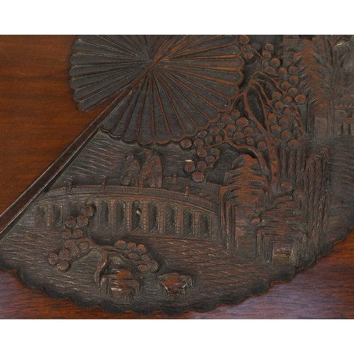 2046 - Chinese camphor wood blanket box, carved with figures and landscapes in fan cartouches, the interior... 