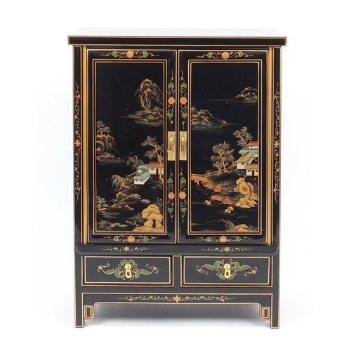 2027 - Black lacquered chinoiserie cabinet, fitted with a pair of cupboard doors above to base drawers, 93c... 