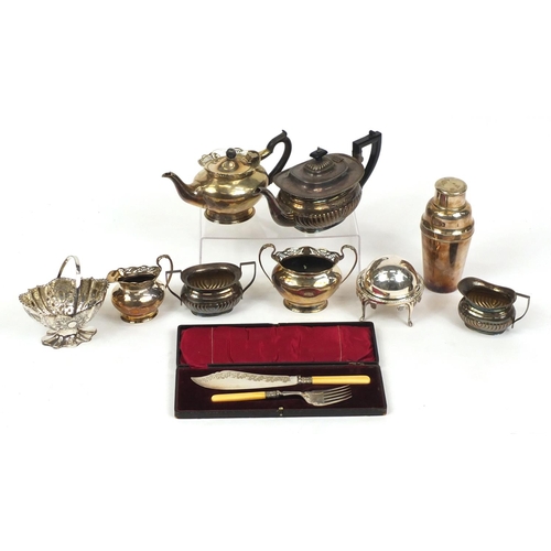 2207 - Silver plate including two three piece tea services, cocktail shaker, muffin dish and a pair of ivor... 
