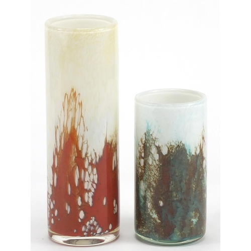 2124 - Two cylindrical art glass vases, each with etched marks around the base, the largest 25cm high