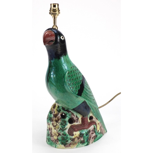 2223 - Chinese green glazed pottery parrot table lamp, 44cm high