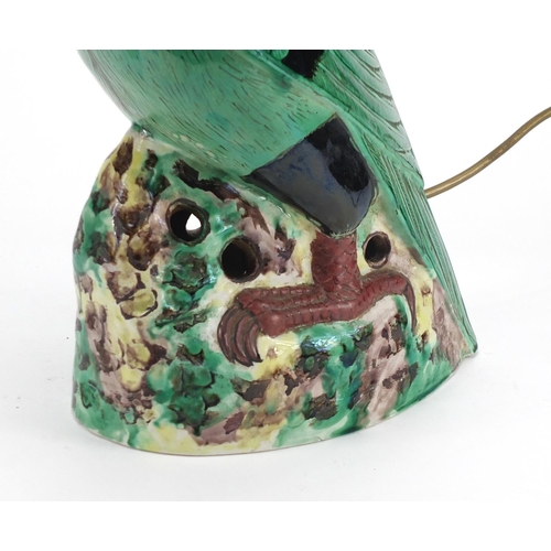 2223 - Chinese green glazed pottery parrot table lamp, 44cm high